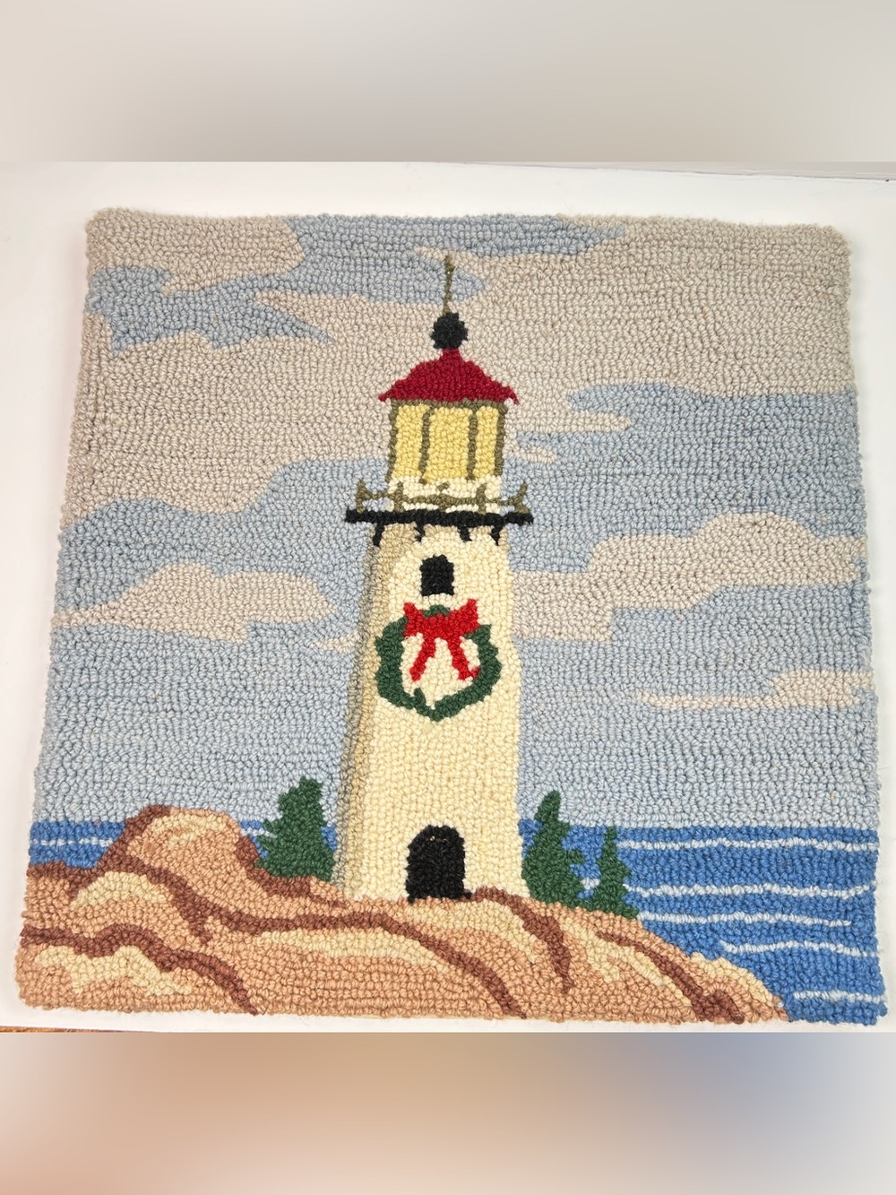 Lighthouse Hooked Wool Pillow Cover Coastal Nautical Christmas 18x17